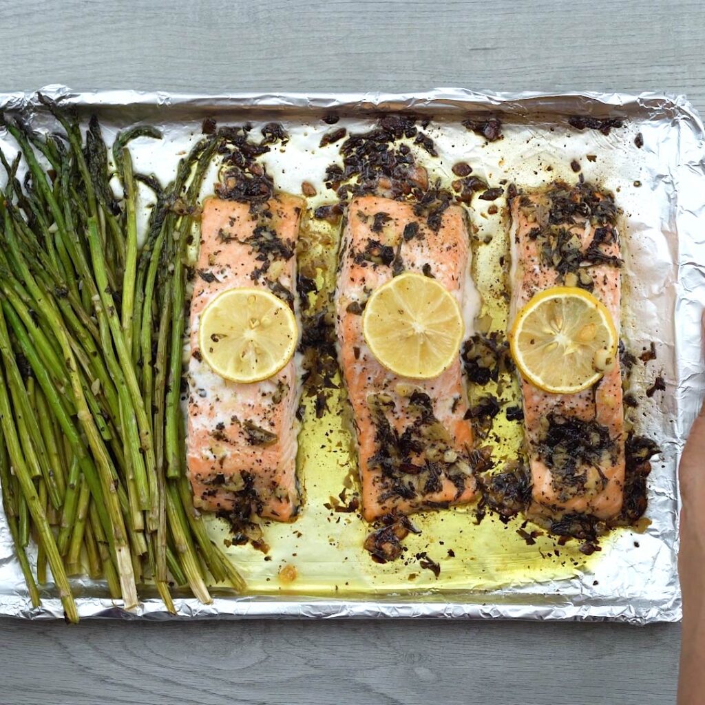 Garlic Butter Baked Salmon in a tray