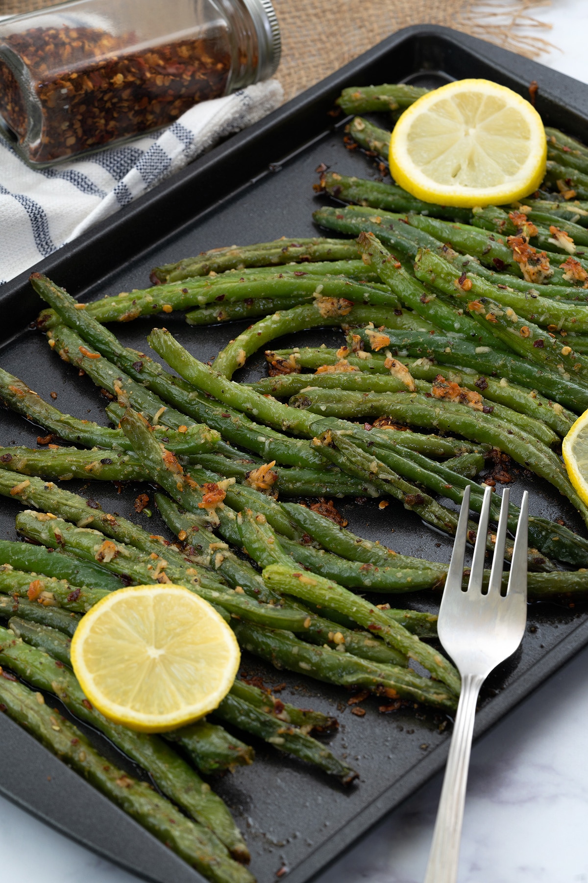 Roasted Green beans in a tray