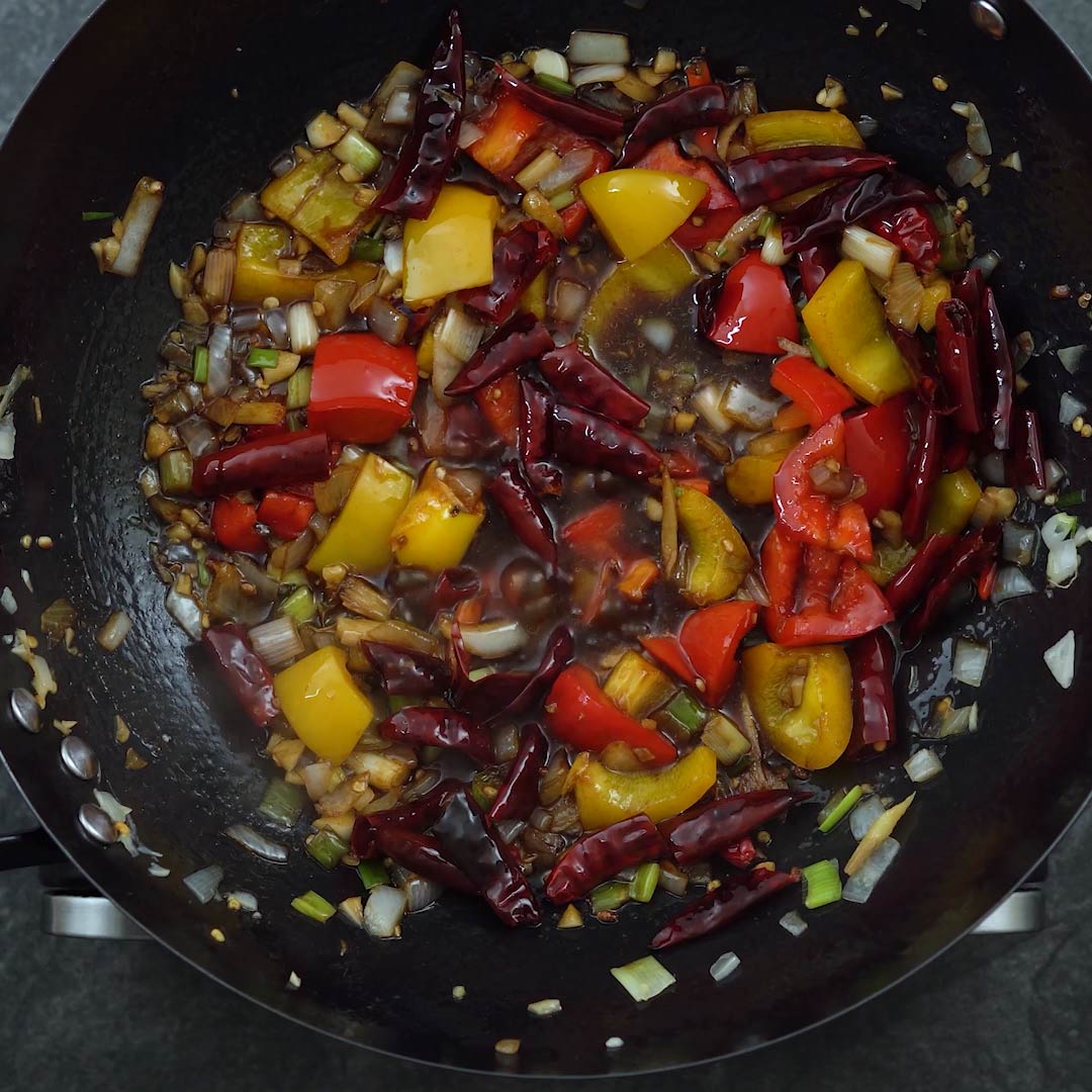 Kung Pao Sauce is boiling with other ingredients