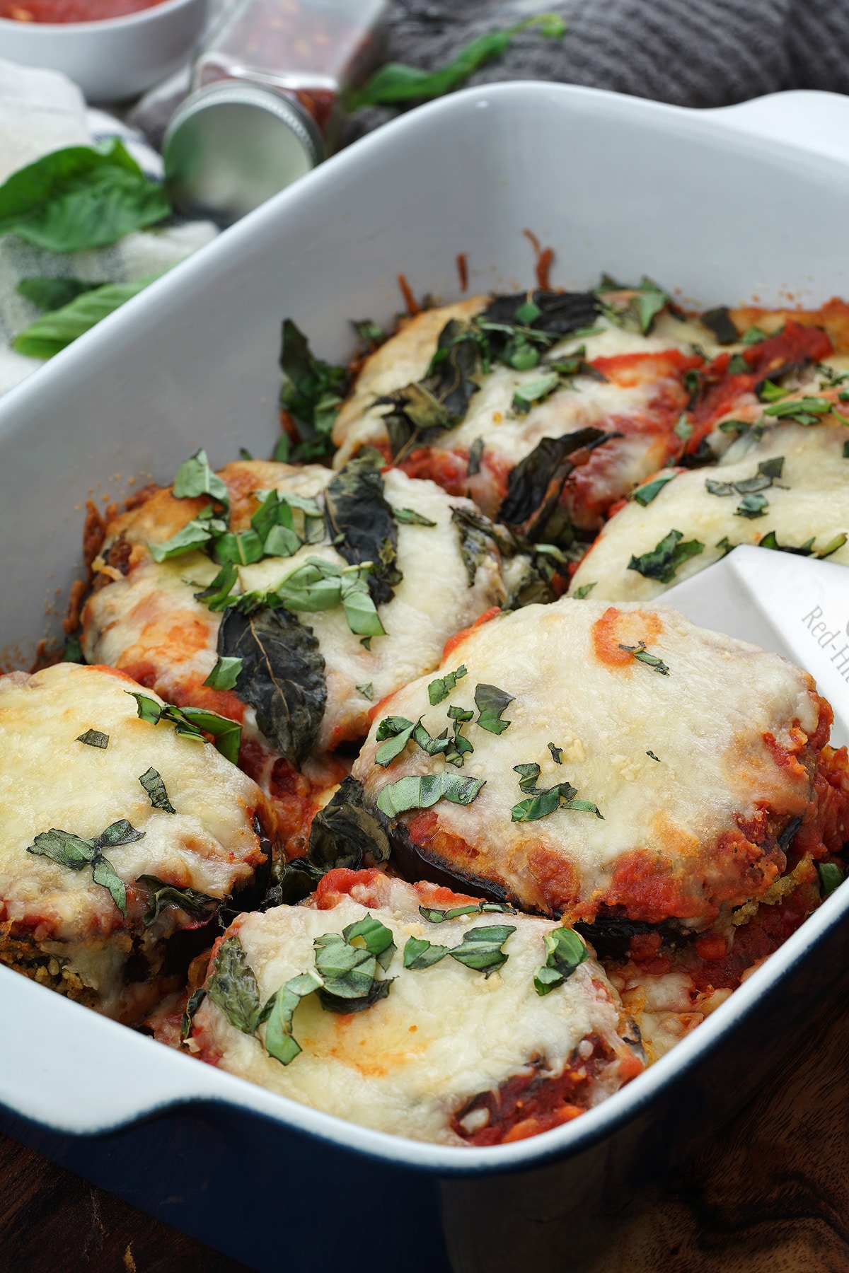 Eggplant Parmesan in a Ceramic Baking tray